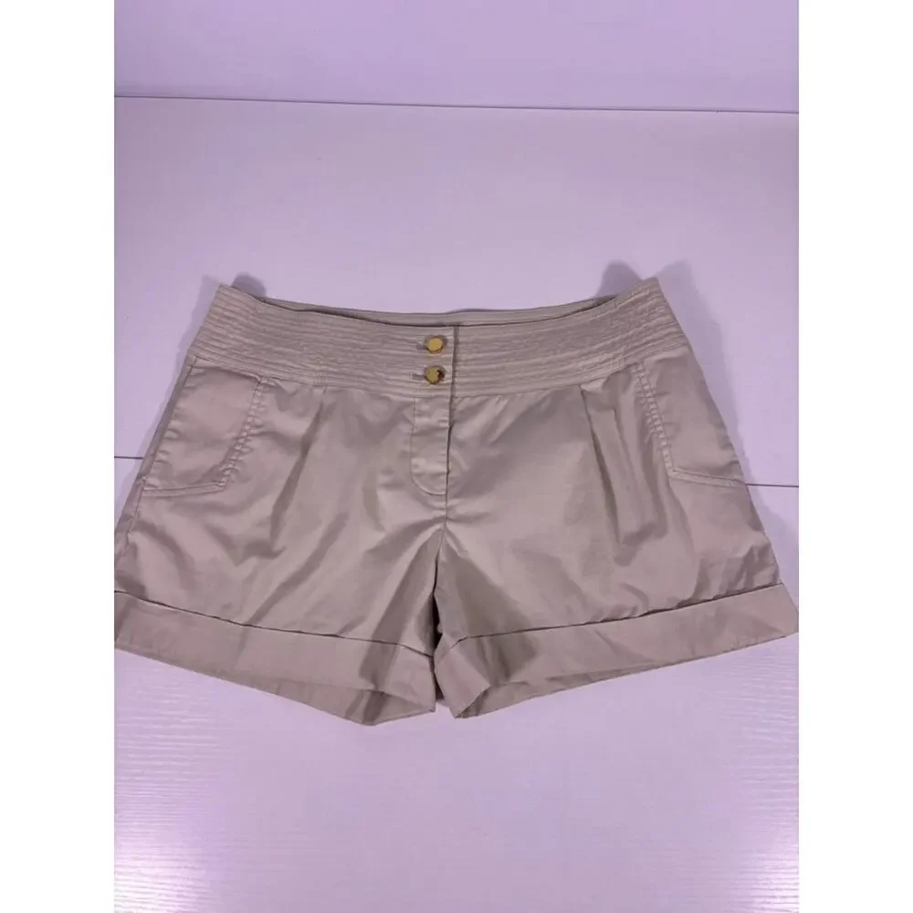 Tory Burch Beige Smocked-Waist Safari Bermuda Shorts Gold Buttons Size 10 0598